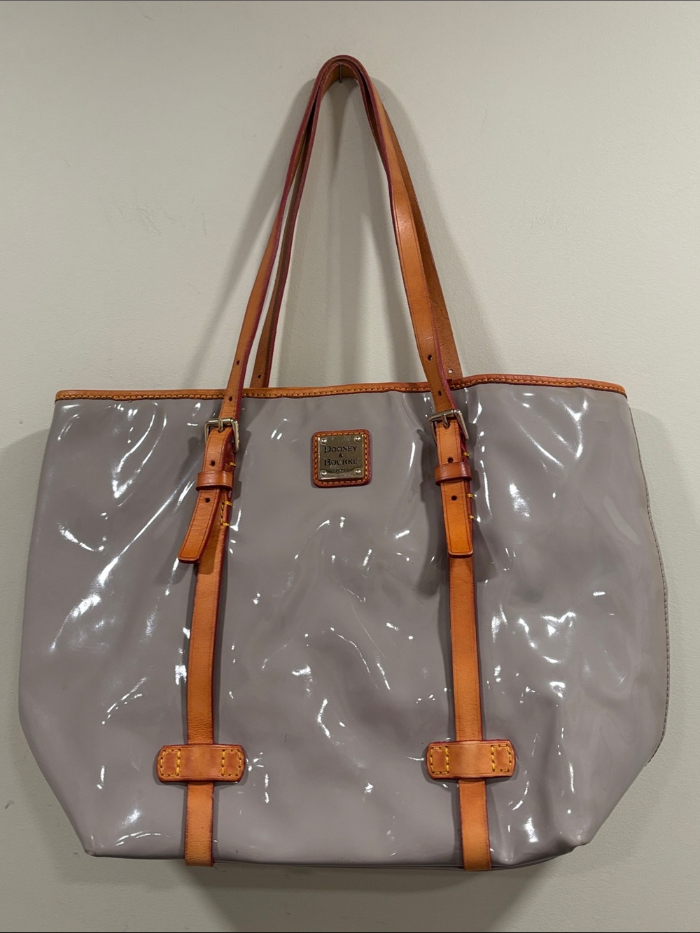 Dooney & Bourke Taupe Patent & Vachetta Leather Shopper Tote Shoulder Bag